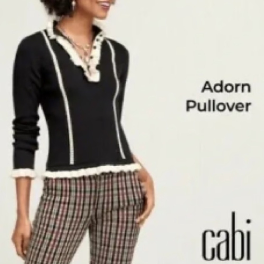 CAbi Adorn sweater Black Ribbed Ivory Ruffle Collar size medium NWT